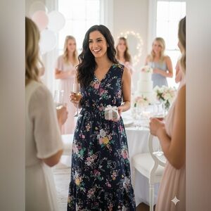 Merona Navy Floral Sleeveless Maxi Dress VNeck Tiered Ruffle Boho Size M